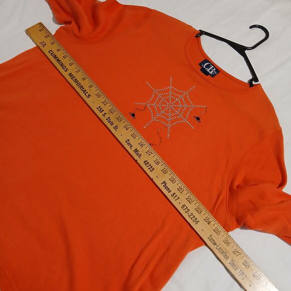 C.B Casual Plus 1X Pumpkin Colored Metallic Spider Web 3/4-Sleeve Knit Shirt - Picture 10 of 13